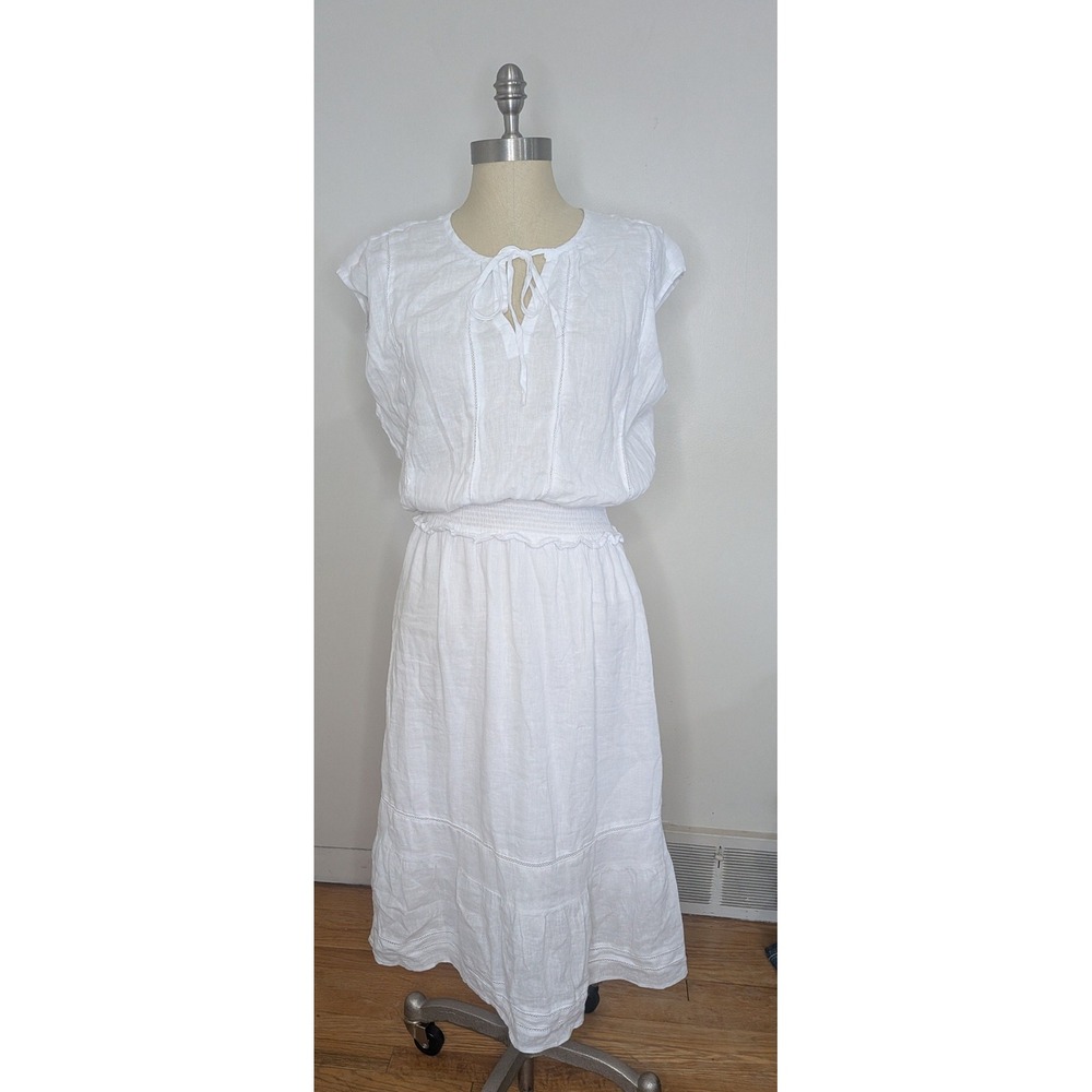 Rails Ashlyn Size M White Linen Blend Smocked Midi Dress Euro Summer Coastal